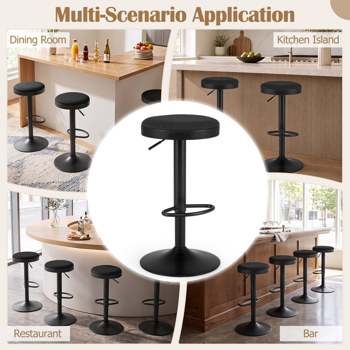 Set of 4 Kitchen Bar Stools Adjustable Height Padded - Black