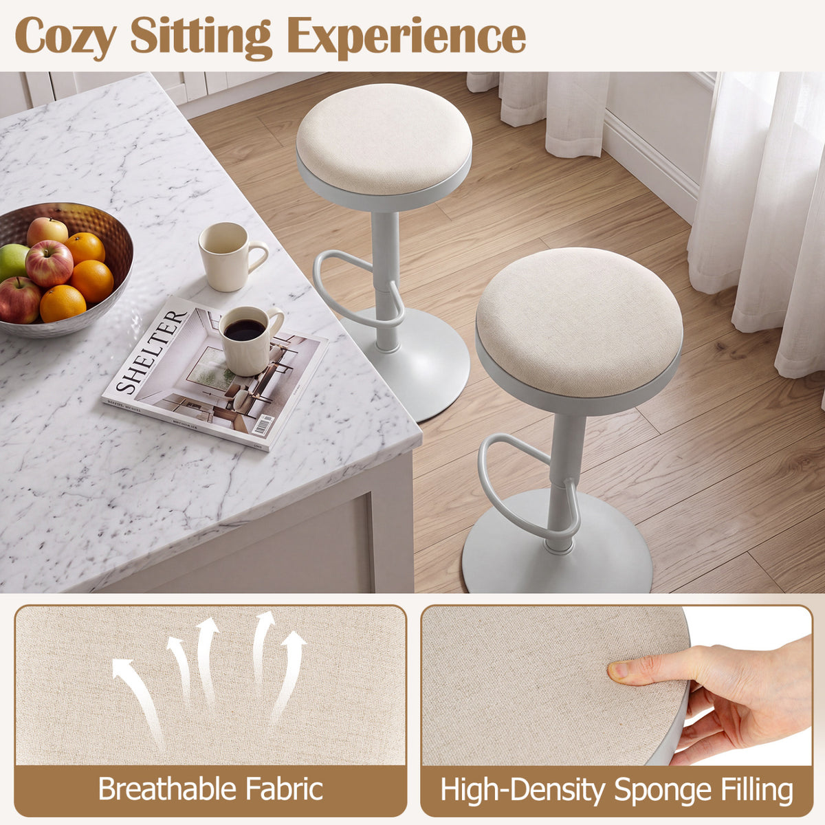 Set of 4 Kitchen Bar Stools with Height Adjustment, Gray