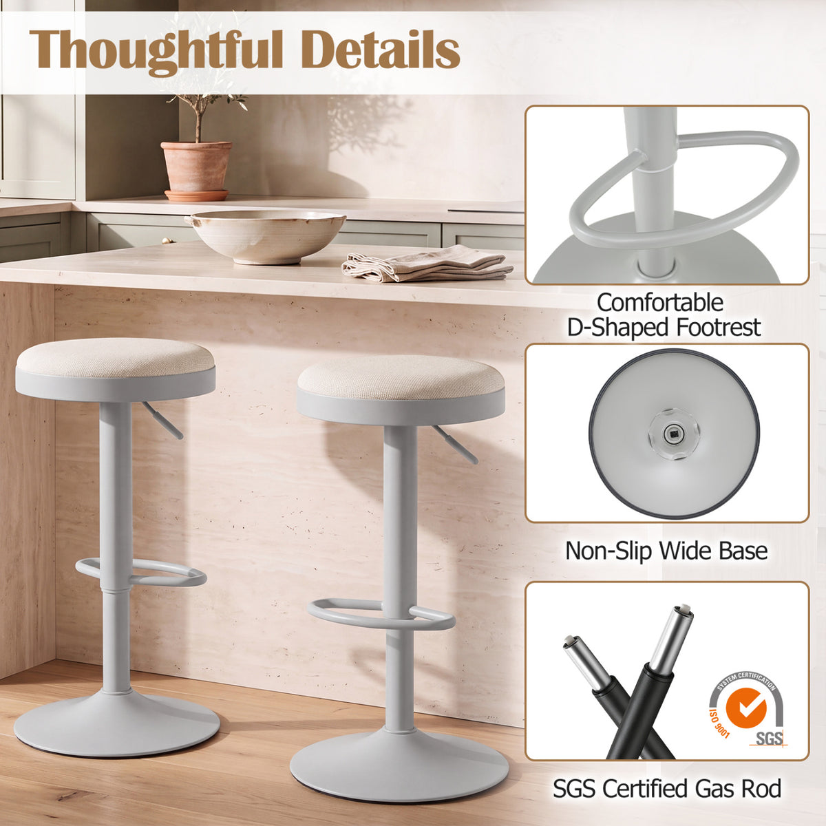 Set of 4 Kitchen Bar Stools with Height Adjustment, Gray