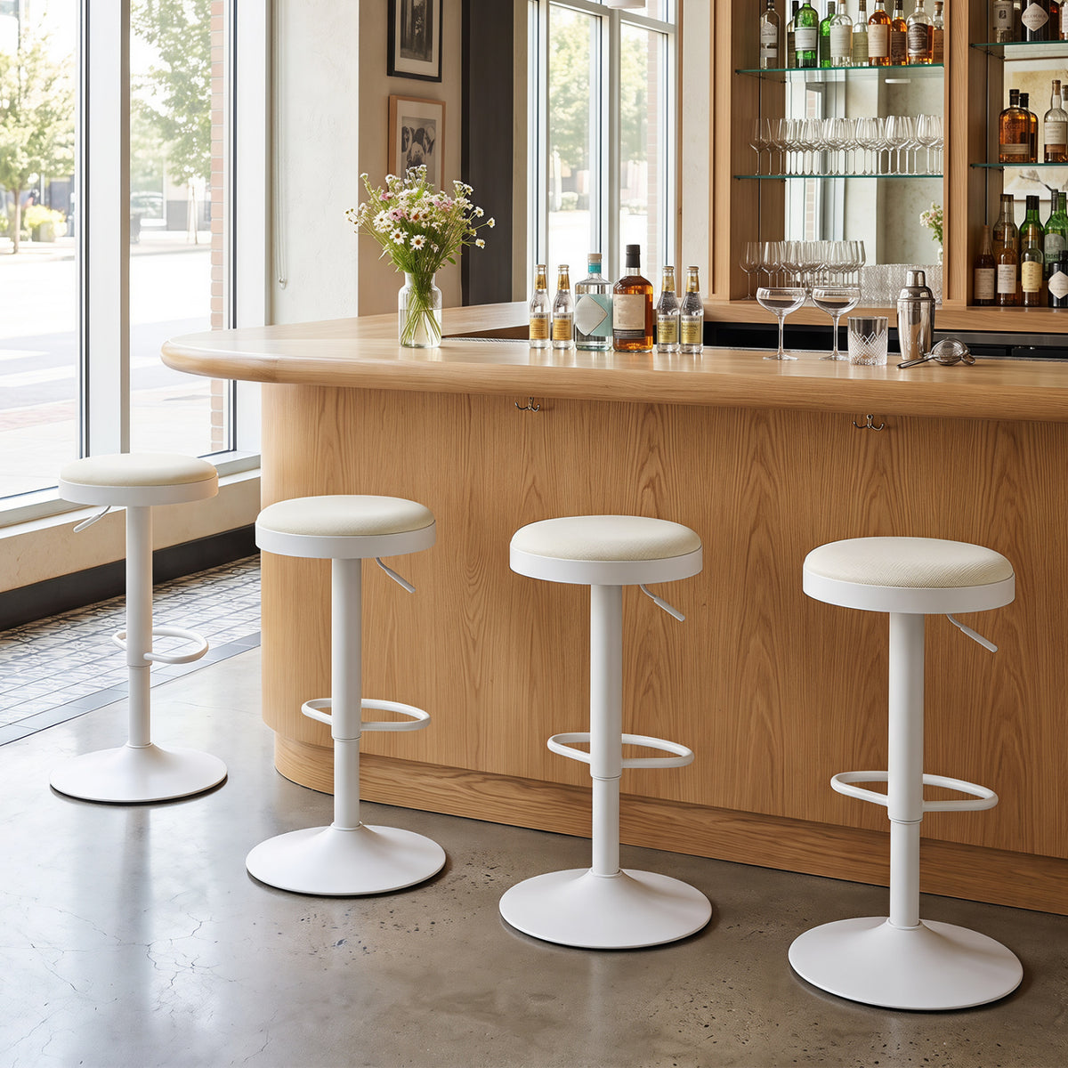 4 Padded Kitchen Bar Stools - Height Adjustable Swivel, White