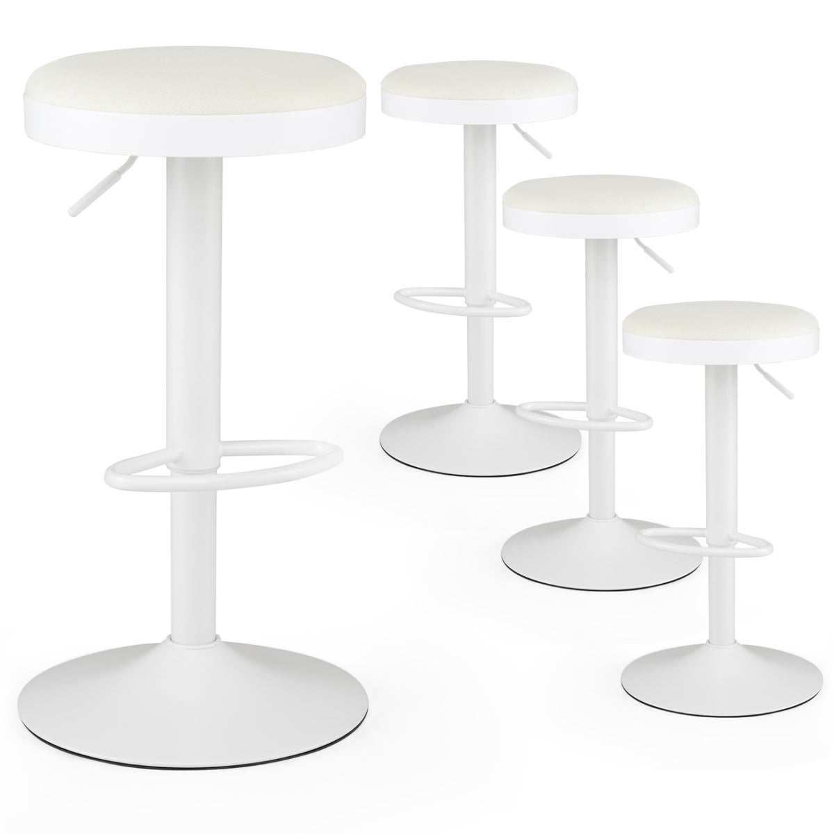 4 Padded Kitchen Bar Stools - Height Adjustable Swivel, White
