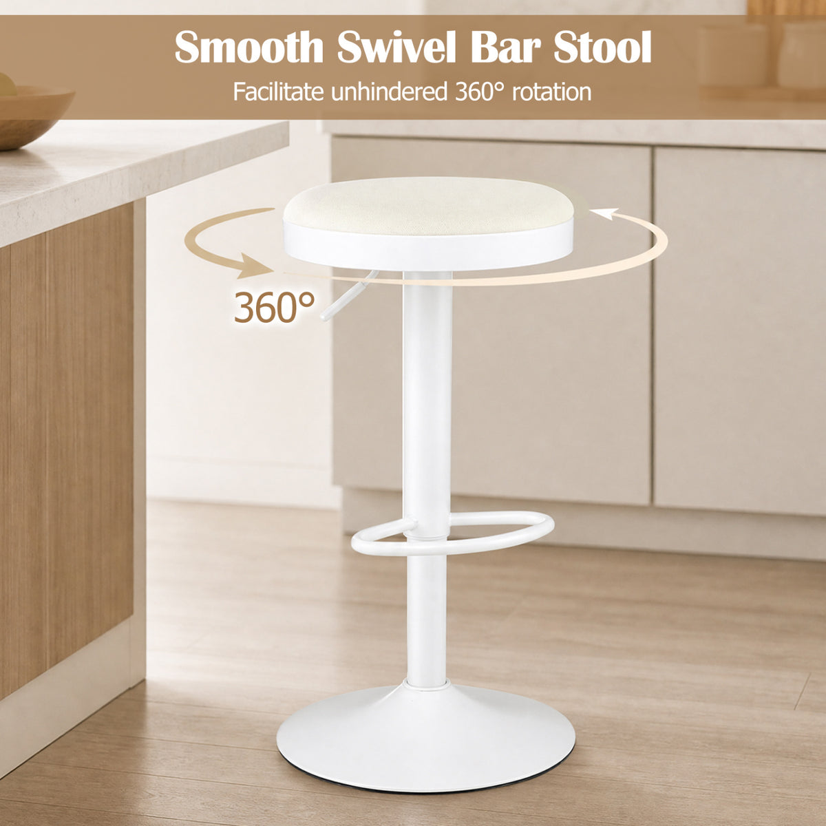4 Padded Kitchen Bar Stools - Height Adjustable Swivel, White