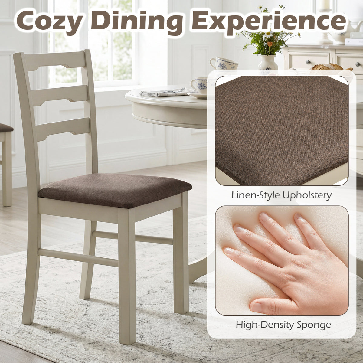 Set of 4 Linen Dining Chairs with Wood Frames - Ivory
