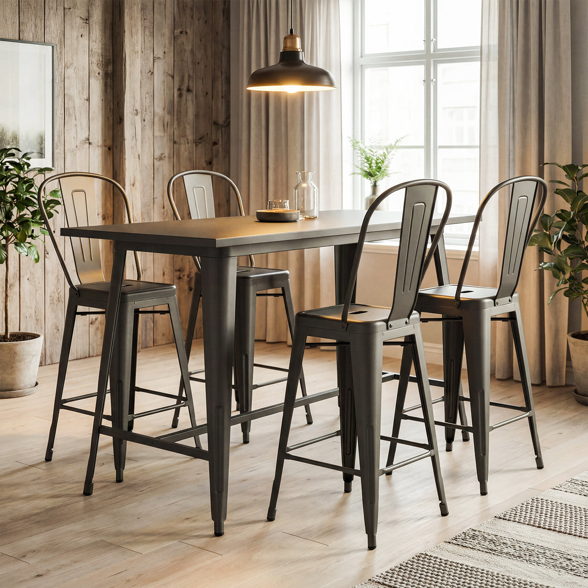 Metal Bar Stools Set of 4 with Backrest and Footrests - High Back, Gun