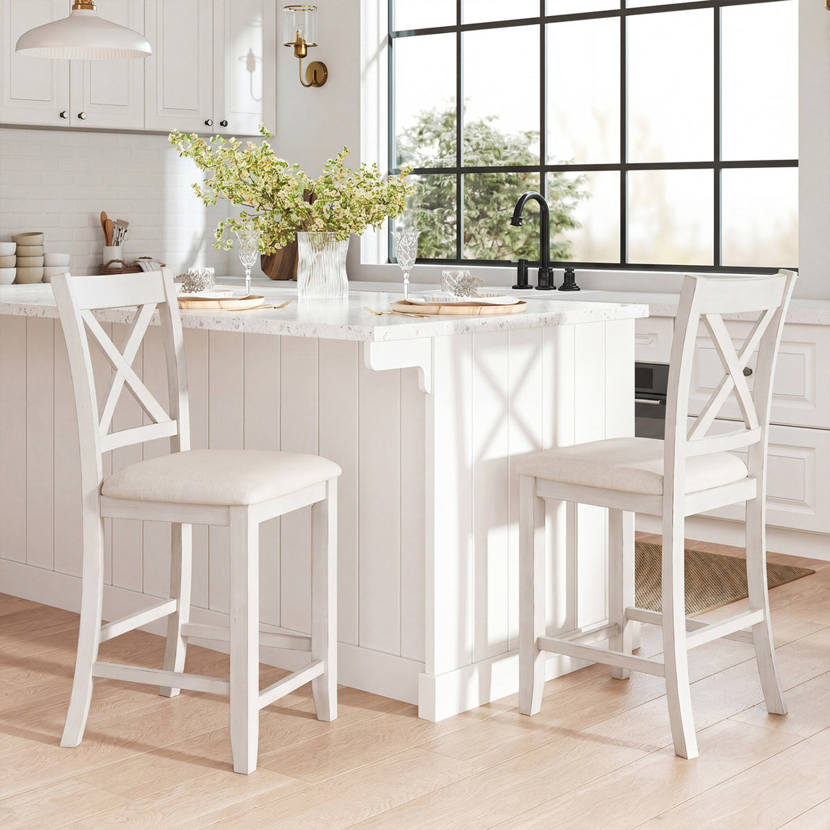 Modern Farmhouse Counter Height Stools, Set of 4 - White