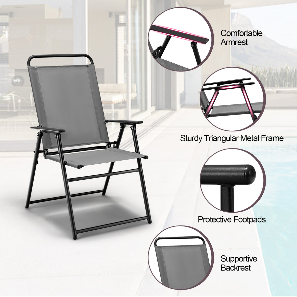 Outdoor Folding Sling Chairs Set of 4 with Armrest and Backrest