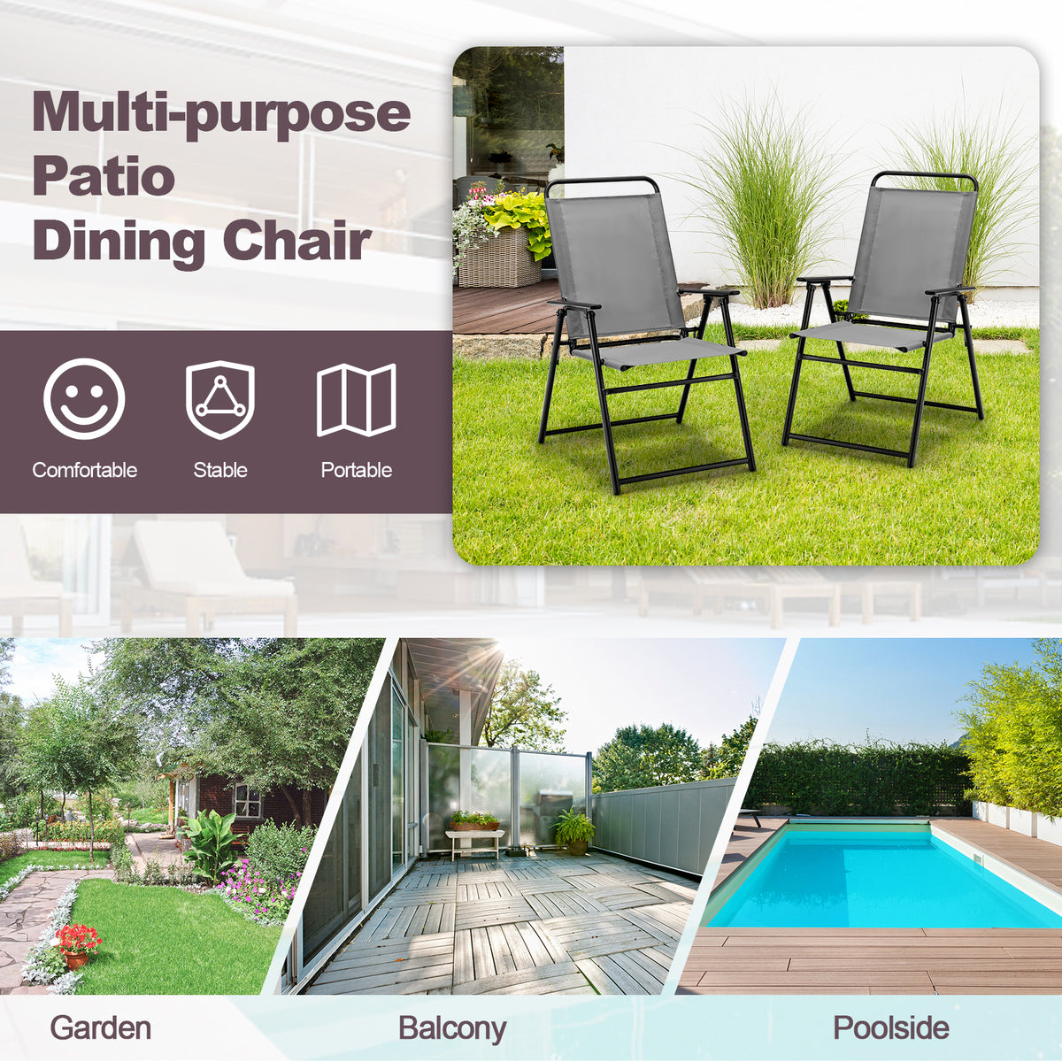 Outdoor Folding Sling Chairs Set of 4 with Armrest and Backrest