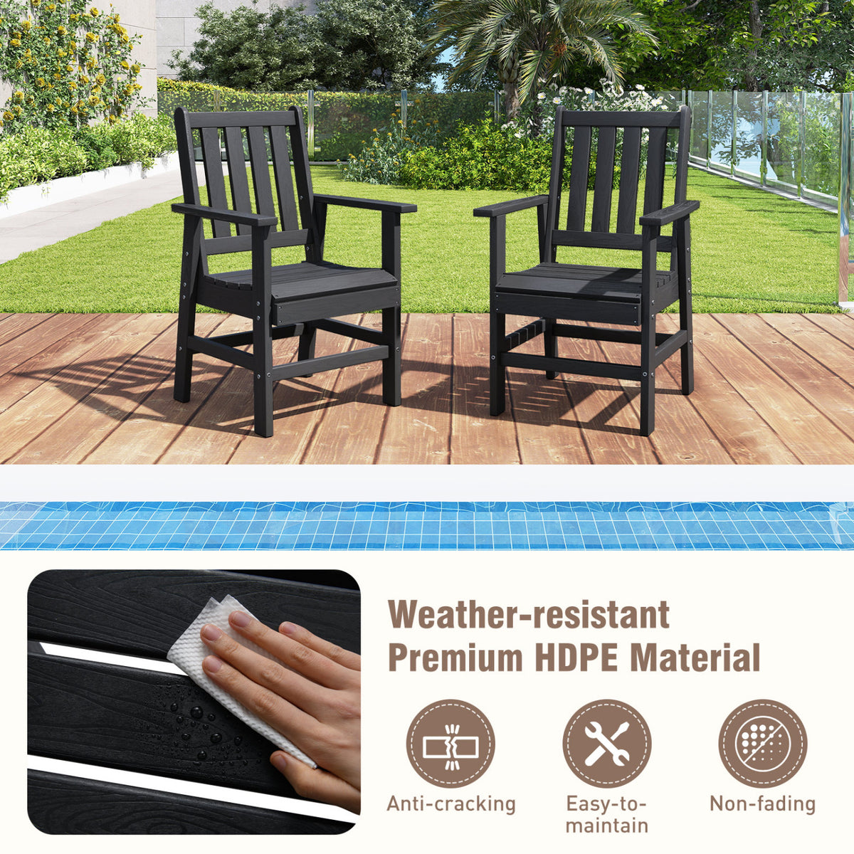 Set of 4 Patio Dining Chairs with Wide Armrests - Black