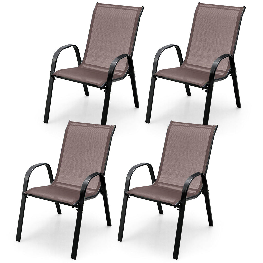 Stackable Patio Dining Chairs Set with Armrest - Brown