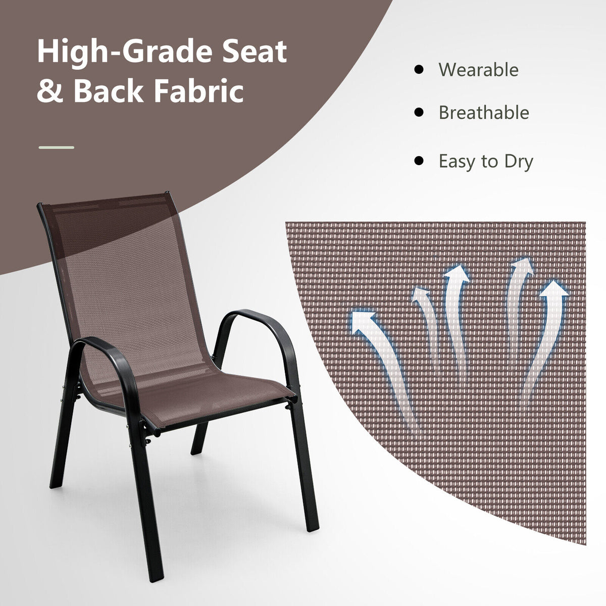 Stackable Patio Dining Chairs Set with Armrest - Brown