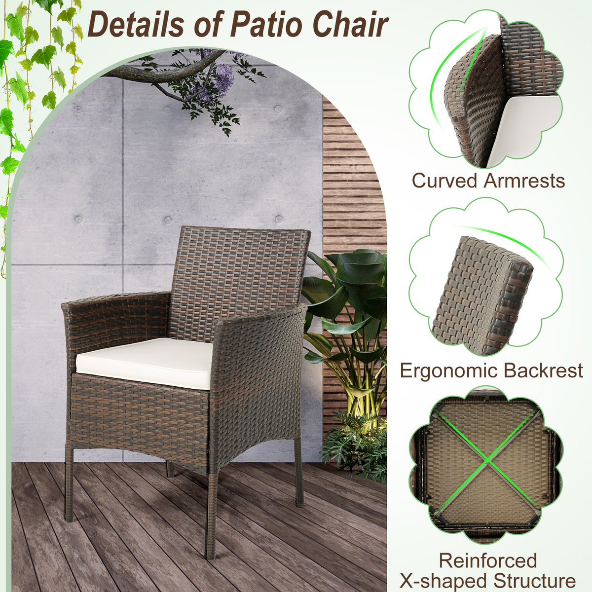 Set of 4 Patio PE Wicker Dining Chairs with Seat Cushions and Armrests