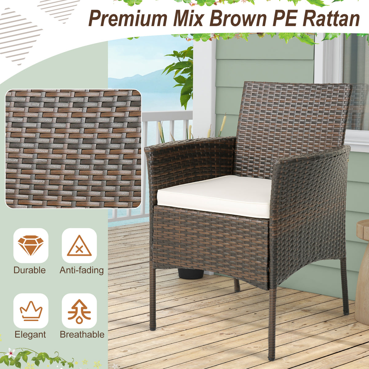 Set of 4 Patio PE Wicker Dining Chairs with Seat Cushions and Armrests