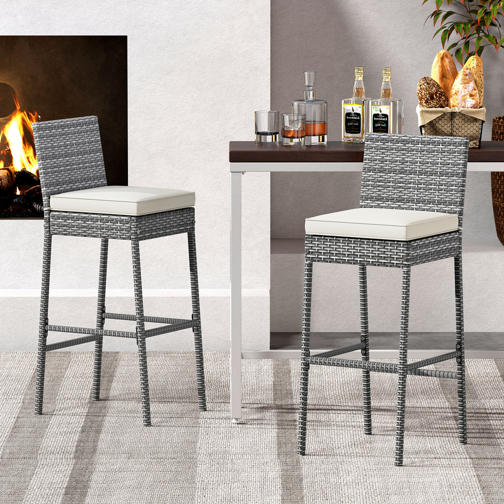 Patio Wicker Barstools Set of 4 - Gray Rattan with Cushions