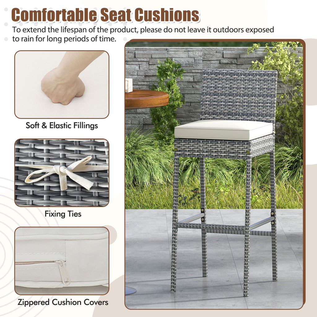 Patio Wicker Barstools Set of 4 - Gray Rattan with Cushions