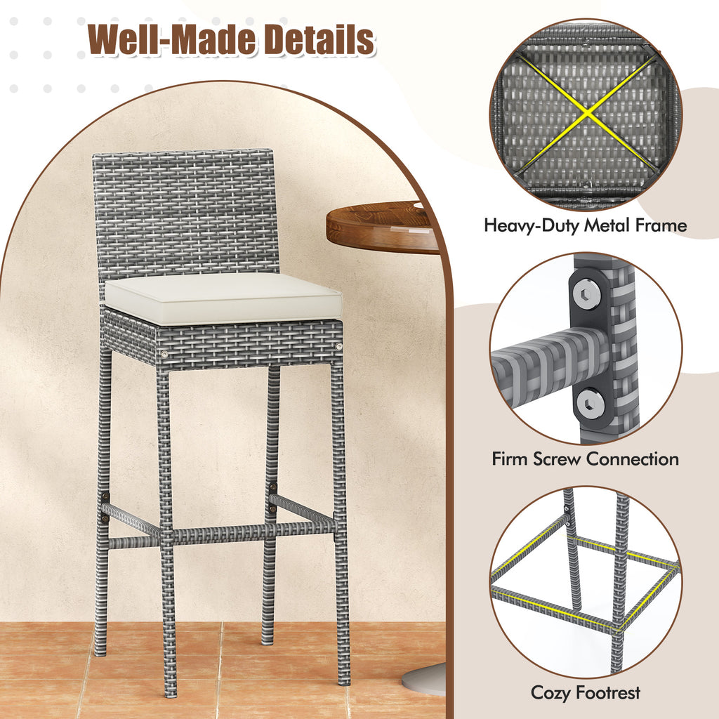Patio Wicker Barstools Set of 4 - Gray Rattan with Cushions