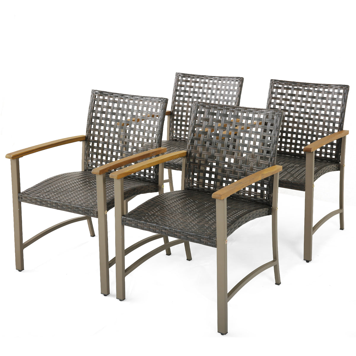 Set of 4 Patio Rattan Dining Chairs with Acacia Wood Armrests