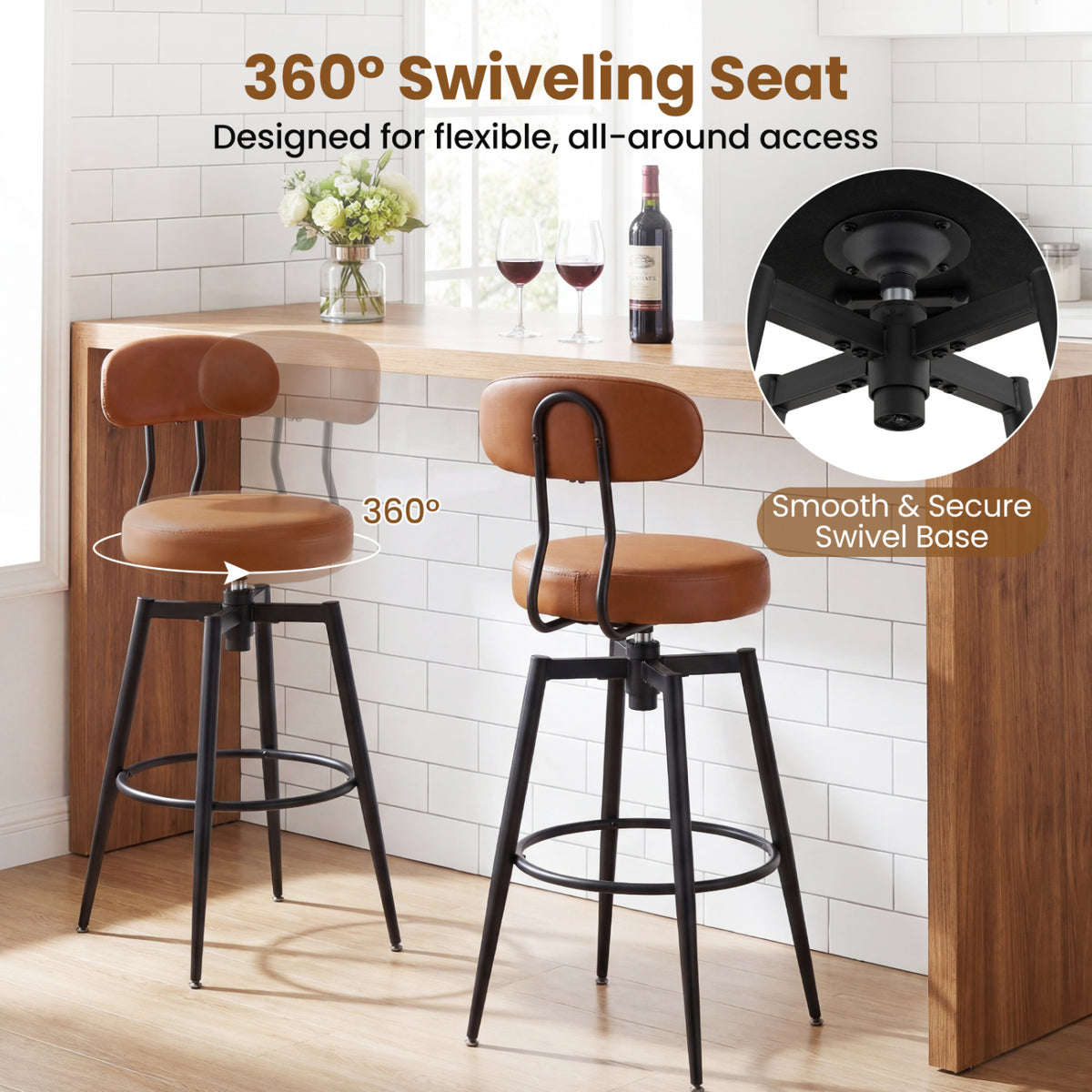 Set of 4 Swivel Barstools Faux Leather Brown