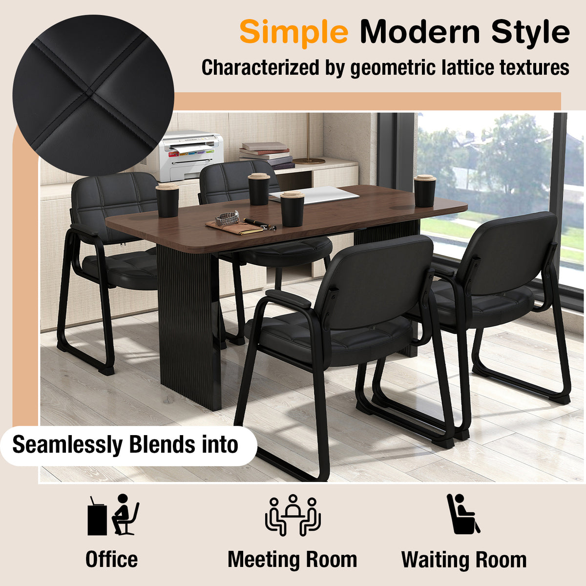 Set of 4 Upholstered Waiting Room Chairs with Armrests - Black