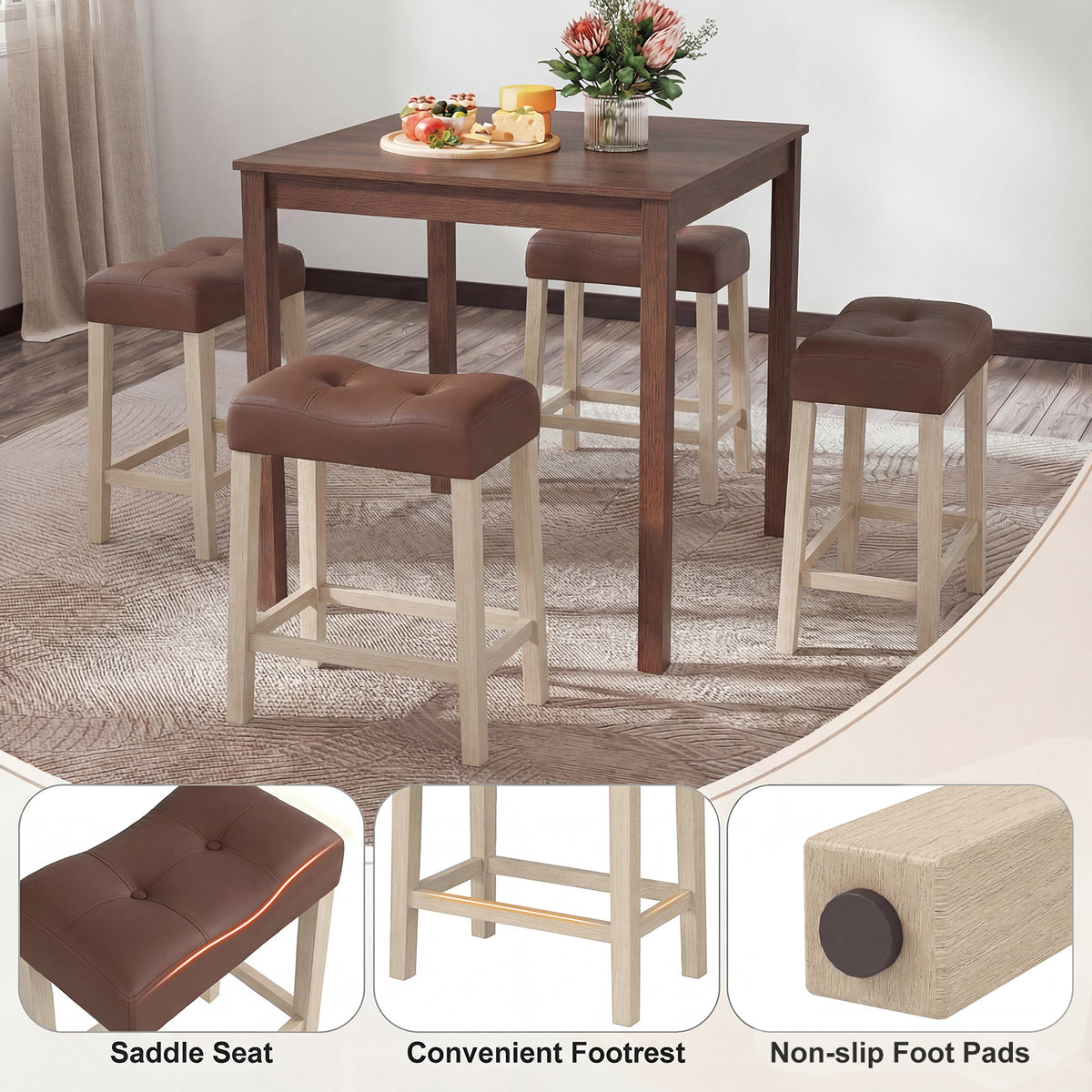 Set of 4 Upholstered Counter Height Bar Stools, Natural