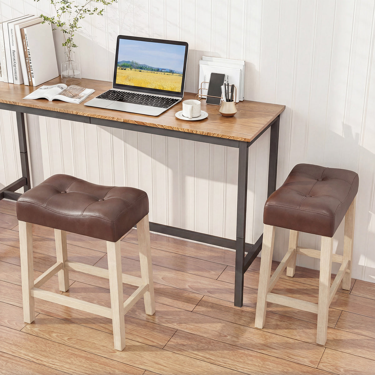 Set of 4 Upholstered Counter Height Bar Stools, Natural