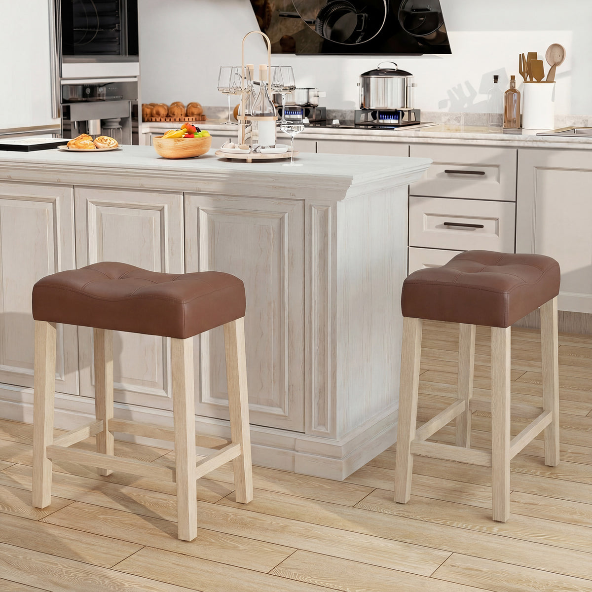 Set of 4 Upholstered Counter Height Bar Stools, Natural