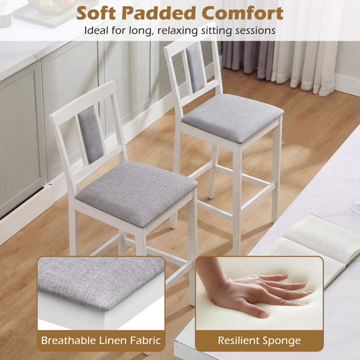 Set of 4 Upholstered Bar Stools 29.5" - White Padded Seat