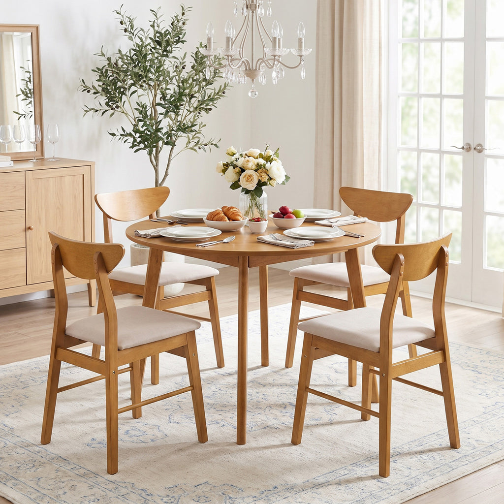 Upholstered Dining Chairs Set of 4 - Curved Back, Natural Wood