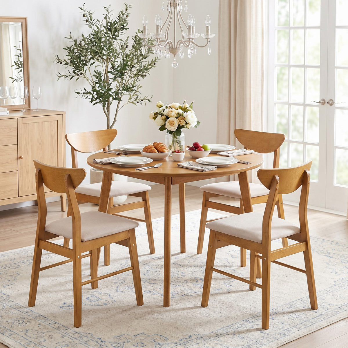 Upholstered Dining Chairs Set of 4 - Curved Back, Natural Wood