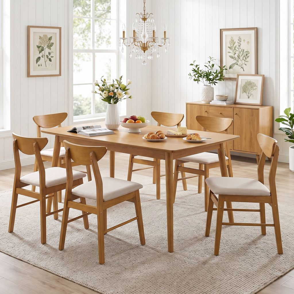Upholstered Dining Chairs Set of 4 - Curved Back, Natural Wood