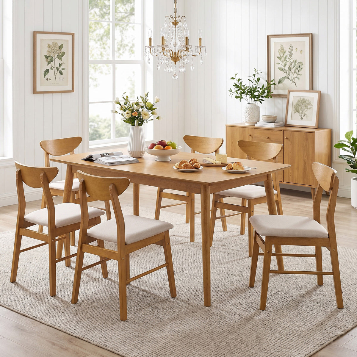Upholstered Dining Chairs Set of 4 - Curved Back, Natural Wood