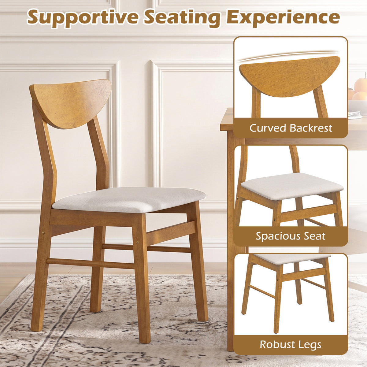 Upholstered Dining Chairs Set of 4 - Curved Back, Natural Wood