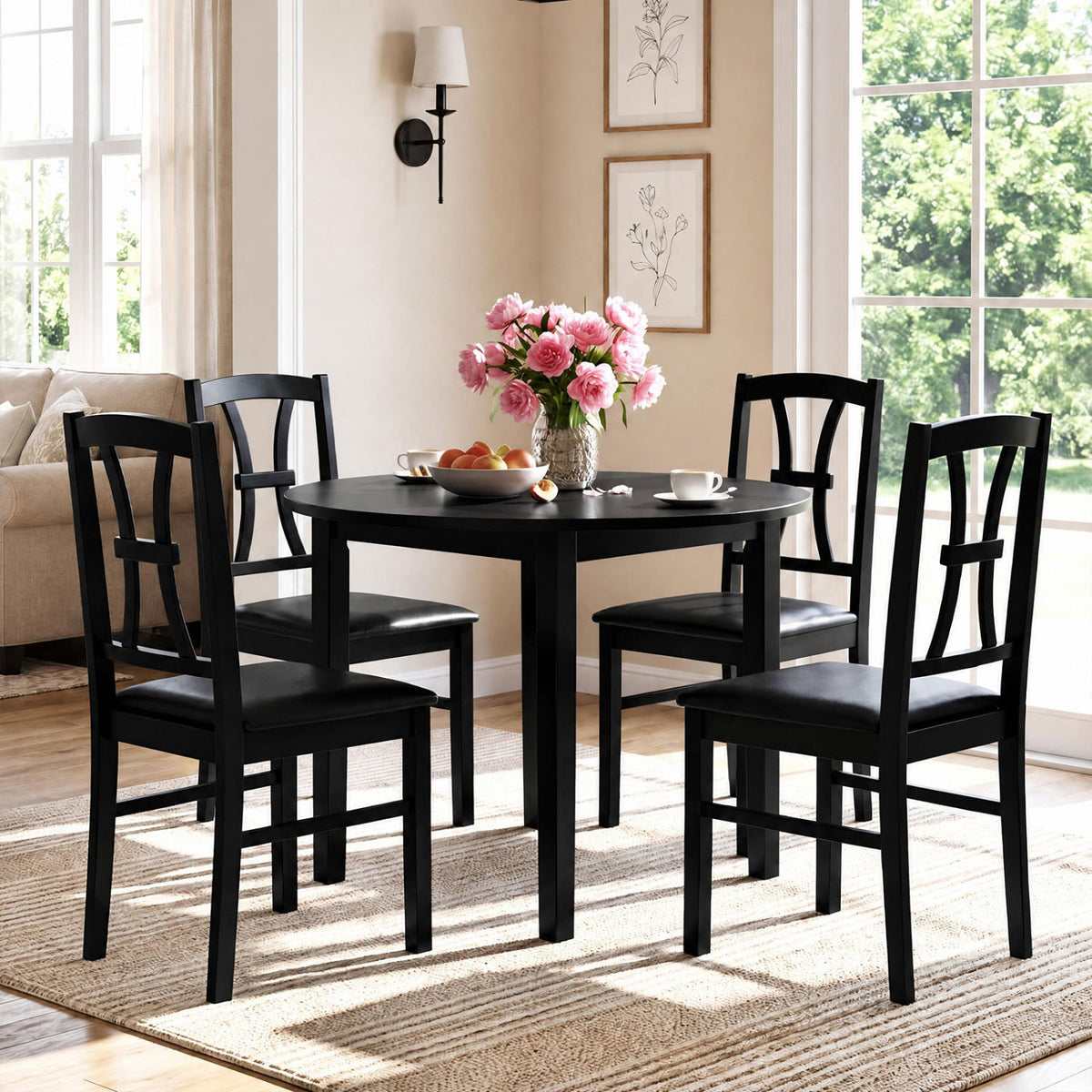 Wooden Dining Chairs Set of 4 - Brown Padded Seat