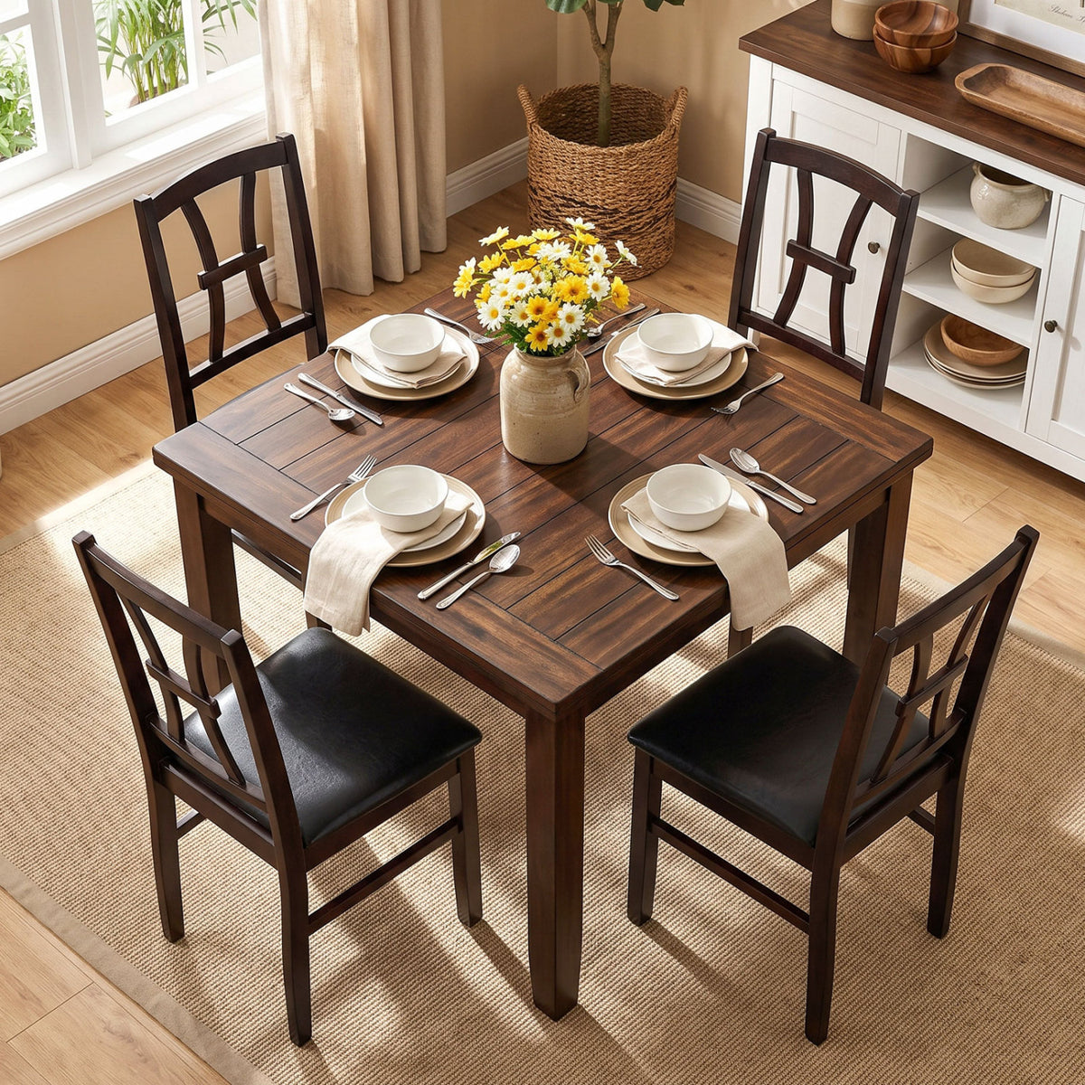 Wooden Dining Chairs Set of 4 - Brown Padded Seat