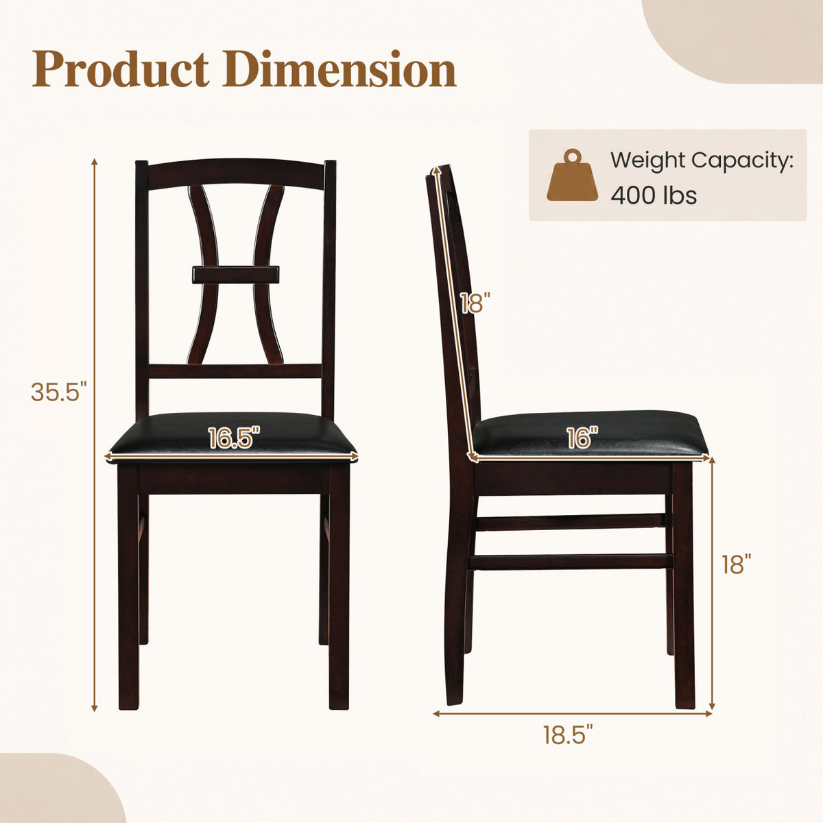Wooden Dining Chairs Set of 4 - Brown Padded Seat
