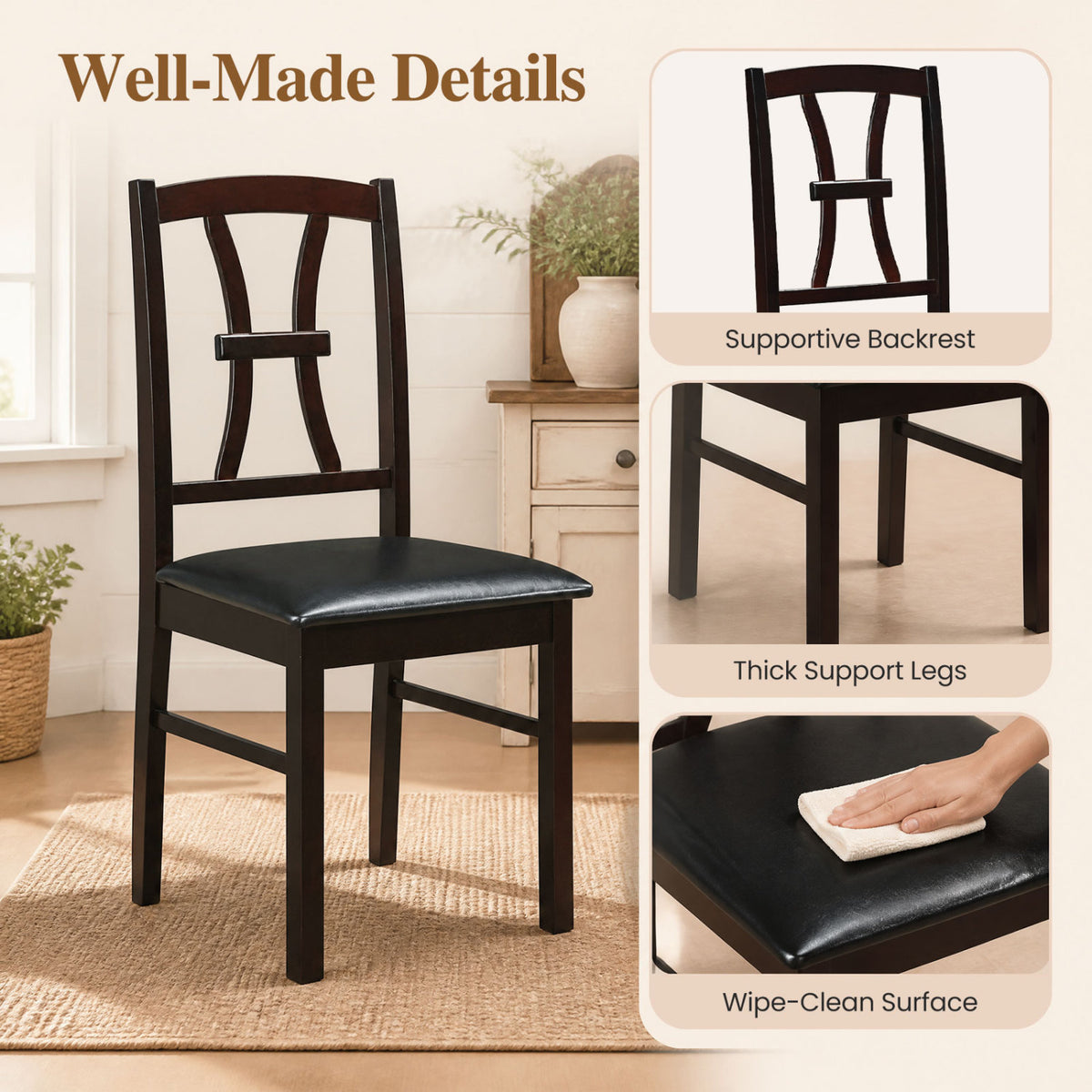 Wooden Dining Chairs Set of 4 - Brown Padded Seat