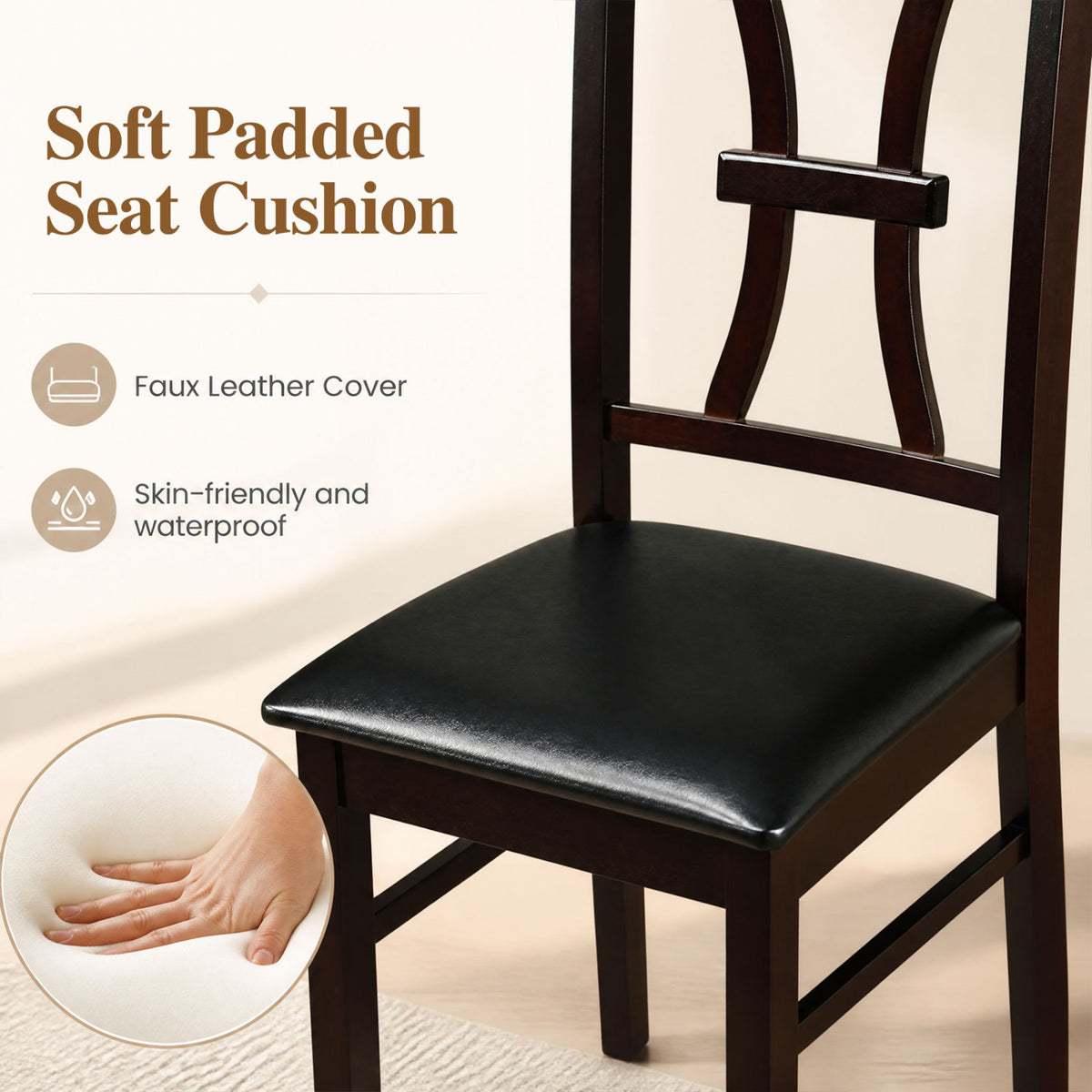 Wooden Dining Chairs Set of 4 - Brown Padded Seat