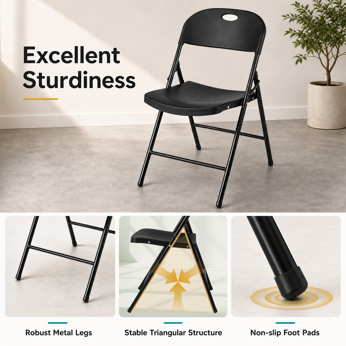 Set of 6 Foldable Plastic Chairs - Ergonomic Backrest, Black