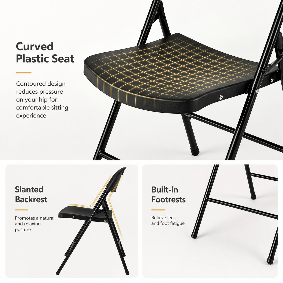 Set of 6 Foldable Plastic Chairs - Ergonomic Backrest, Black