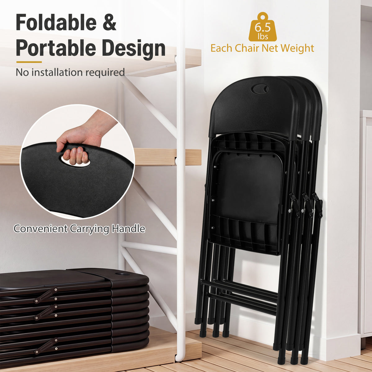 Set of 6 Foldable Plastic Chairs - Ergonomic Backrest, Black