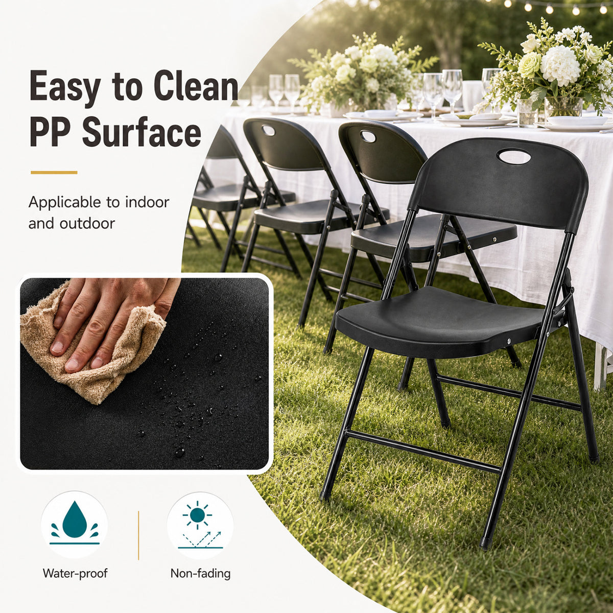 Set of 6 Foldable Plastic Chairs - Ergonomic Backrest, Black