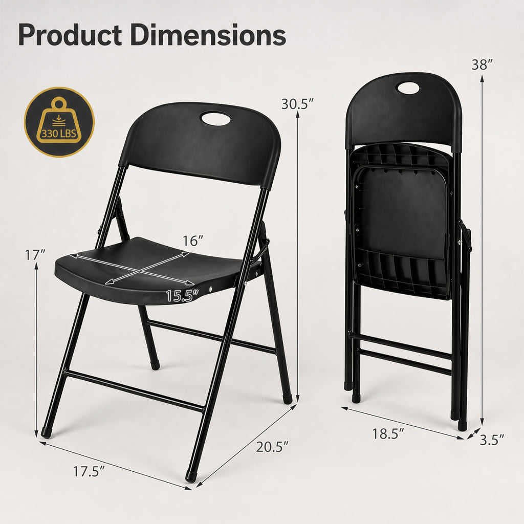 Set of 6 Foldable Plastic Chairs - Ergonomic Backrest, Black