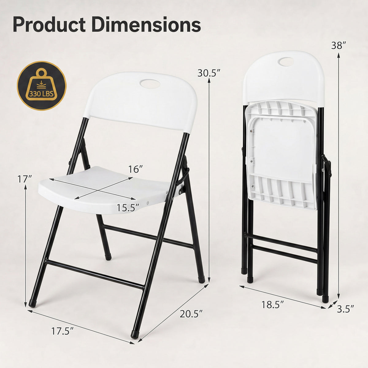 Set of 6 White Foldable Plastic Chairs with Ergonomic Backrest