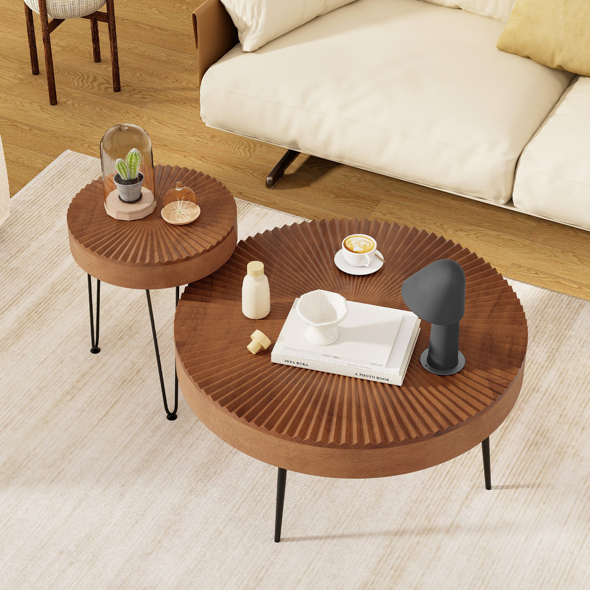Set of 2 Boho Round Coffee Table - Brown, Solid Pine Wood