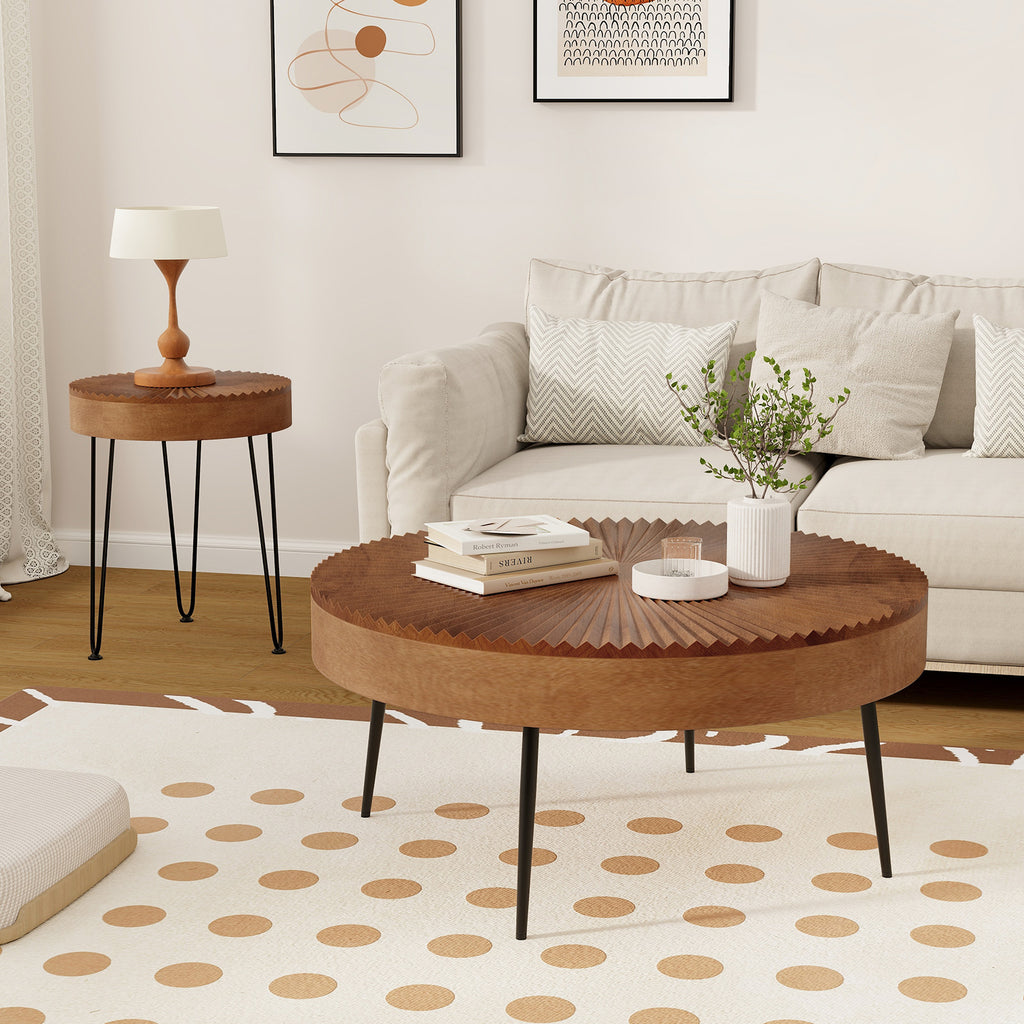 Set of 2 Boho Round Coffee Tables, Brown - Solid Wood
