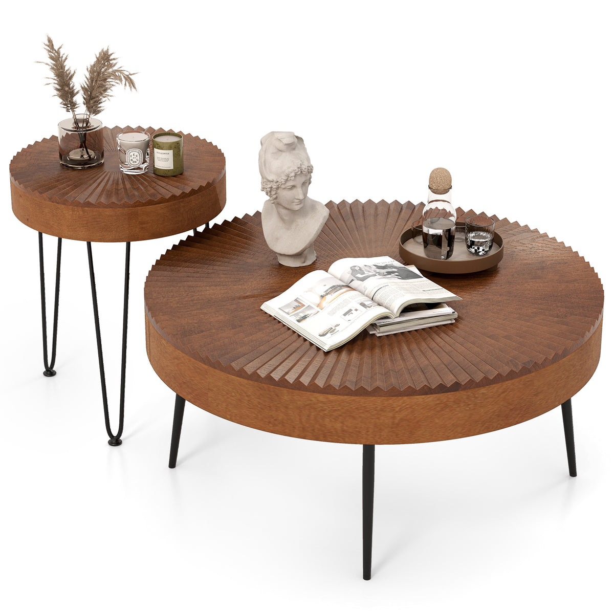 Set of 2 Boho Round Coffee Table - Brown, Solid Pine Wood