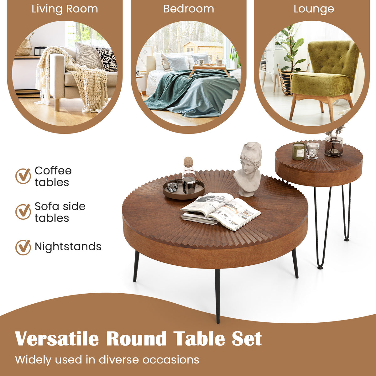 Set of 2 Boho Round Coffee Tables, Brown - Solid Wood
