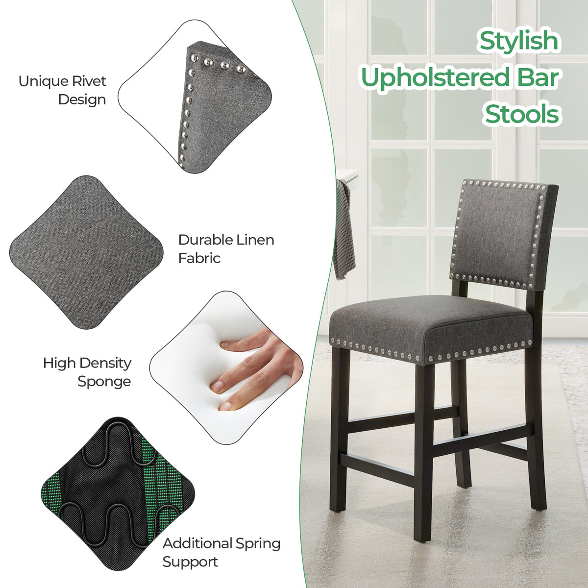 Counter Height Chairs Set of 2 with Rubber Wood Frame - S