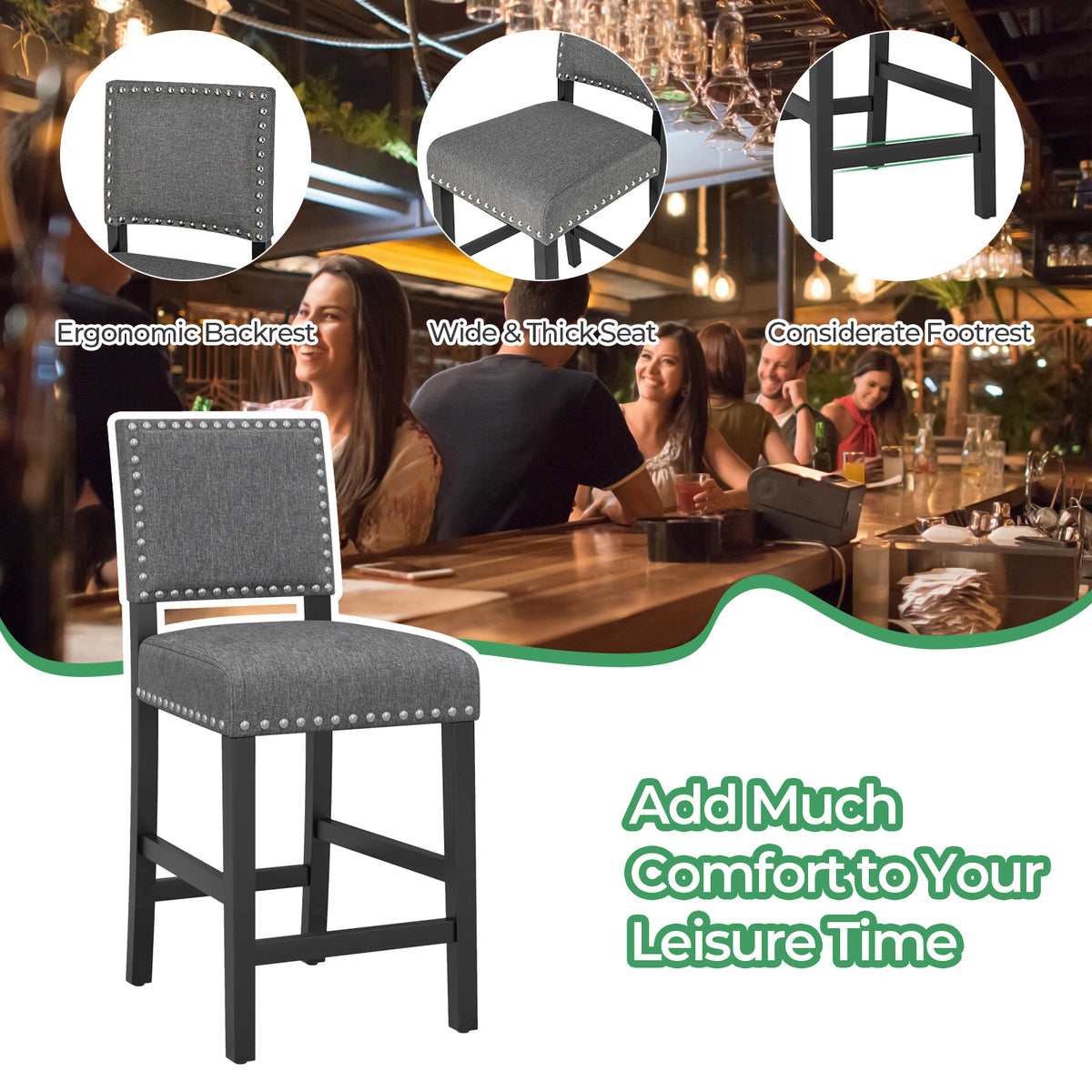 Counter Height Chairs Set of 2 with Rubber Wood Frame - S