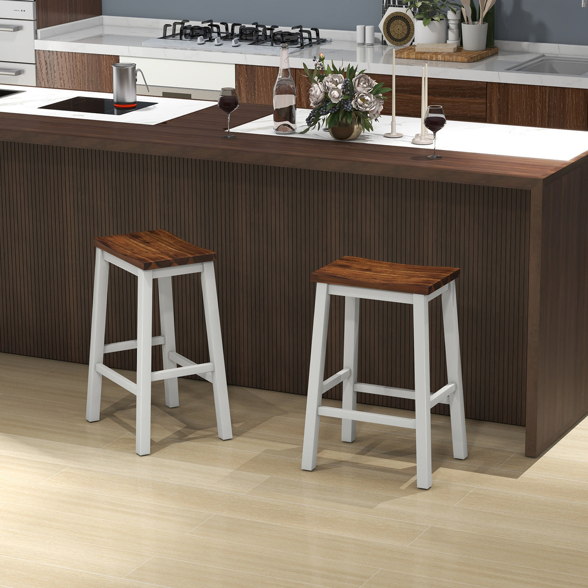 24.5-Inch Saddle Bar Stools Set of 2 with Footrests - Walnut & Gray
