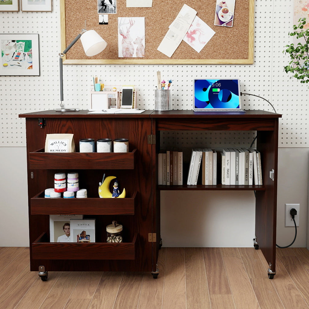 Sewing Machine Table with Charging Station - Brown
